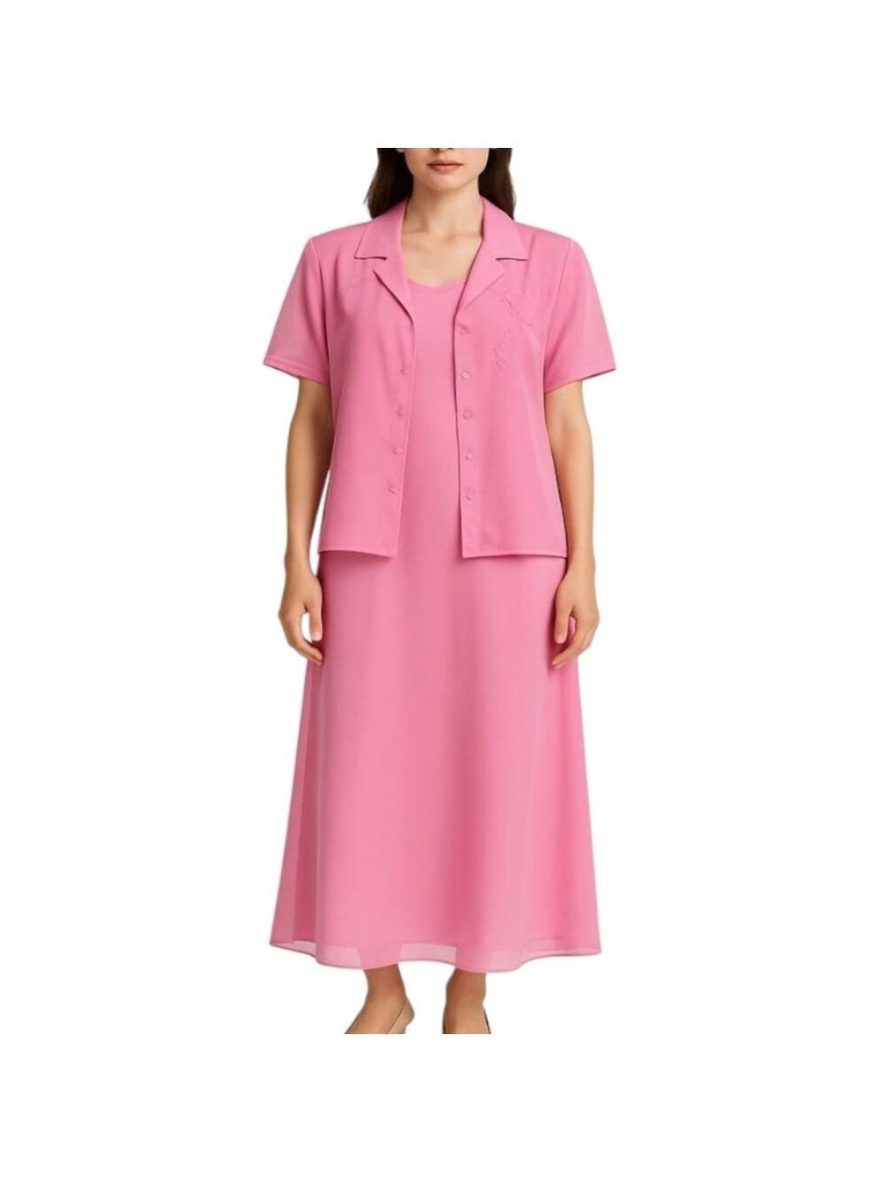 Vintage 80s 90s Leslie Belle pink chiffon embroidered dress jacket set